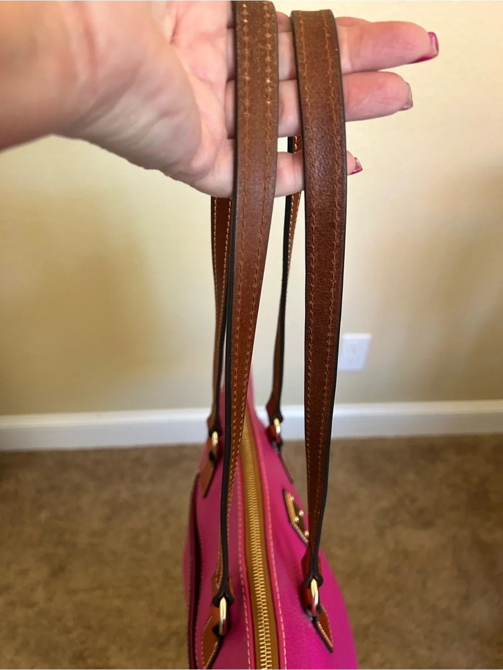 Dooney & Bourke Leather Laptop Bag / Tote in Fuchsia w/ Brown Straps 💕 - Picture 7 of 16